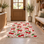 Cherry Heart Rug in an entryway with a wooden door and bench