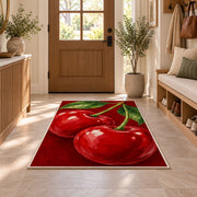 Giant Cherry Rug in an entryway with a wooden door and bench