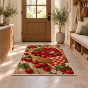 Cherry Basket Rug in an entryway with a wooden door and bench