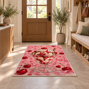 Cherry Sundae Rug in an entryway with a wooden door and bench
