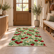 Cherry and Daisy Rug in an entryway with a wooden door and bench