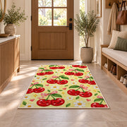 Kawaii Cherry Rug in an entryway with a wooden door and bench