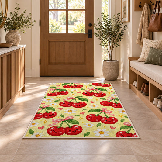Kawaii Cherry Rug in an entryway with a wooden door and bench