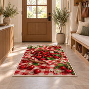 Cherry Picnic Rug in an entryway with a wooden door and bench
