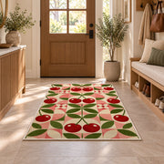 Geometric Cherry Rug in an entryway with a wooden door and bench
