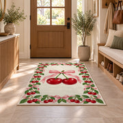 Cherry Border Rug in an entryway with a wooden door and bench