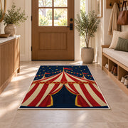 Vintage Circus Tent Rug in an entryway with a wooden door and bench