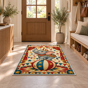 Circus Elephant Rug in an entryway with a wooden door and bench