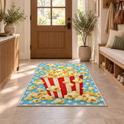 Popcorn Box Rug in an entryway with a wooden door and bench