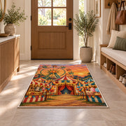 Carnival Ferris Wheel Rug in an entryway with a wooden door and bench