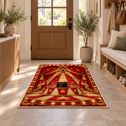 Circus Stage Rug in an entryway with a wooden door and bench