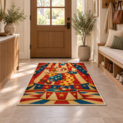 Vintage Clown Rug in an entryway with a wooden door and bench