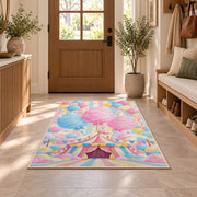 Cotton Candy Rug in an entryway with a wooden door and bench