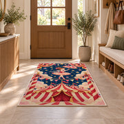 Circus Tightrope Rug in an entryway with a wooden door and bench