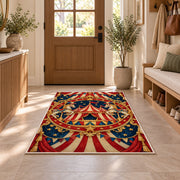 Vintage Circus Emblem Rug in an entryway with a wooden door and bench
