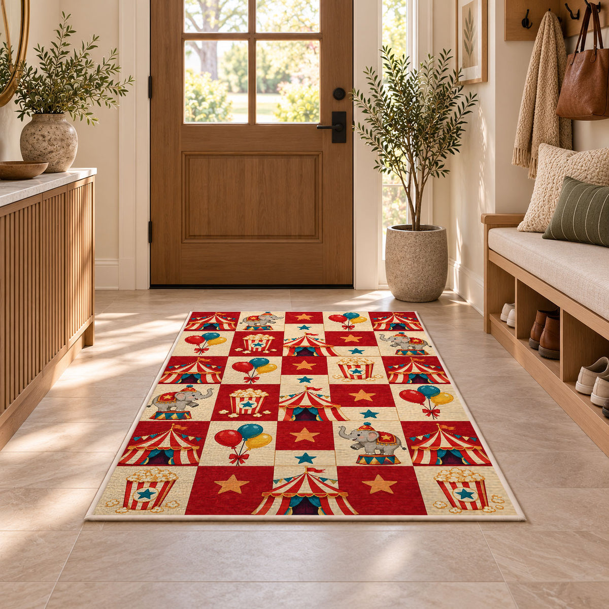 Checkered Circus Rug in an entryway with a wooden door and bench