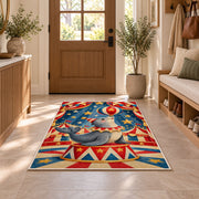 Circus Seal Rug in an entryway with a wooden door and bench
