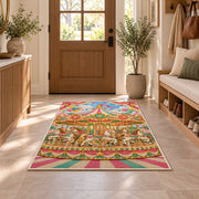 Carousel Rug in an entryway with a wooden door and bench
