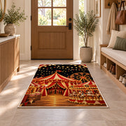 Carnival Night Rug in an entryway with a wooden door and bench