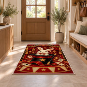 Magic Rabbit Rug in an entryway with a wooden door and bench