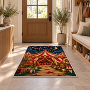 Circus Tent at Night Rug in an entryway with a wooden door and bench