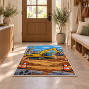 Yellow Excavator Rug in an entryway with a wooden door and bench