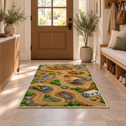Construction Site Play Mat Rug in an entryway with a wooden door and bench