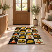 Retro Checkered Construction Rug in an entryway with a wooden door and bench