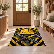 Hard Hat and Tools Rug in an entryway with a wooden door and bench