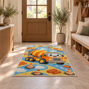 Cute Cement Mixer Rug in an entryway with a wooden door and bench