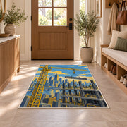Tower Crane City Rug in an entryway with a wooden door and bench