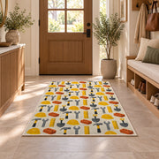 Construction Tools Pattern Rug in an entryway with a wooden door and bench
