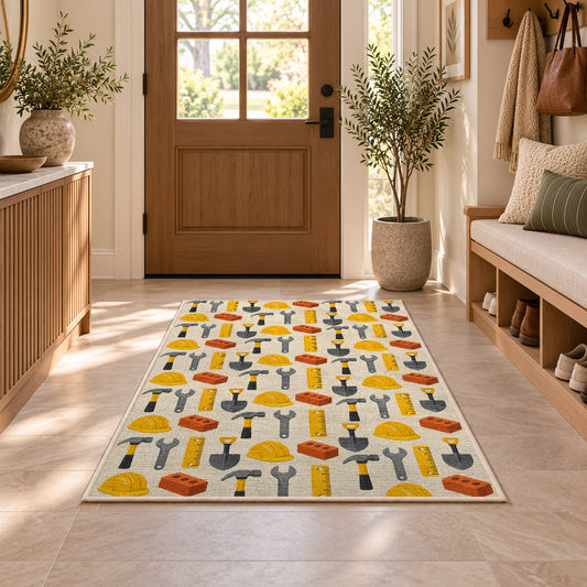 Construction Tools Pattern Rug in an entryway with a wooden door and bench