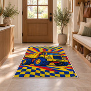 Pop Art Dump Truck Rug in an entryway with a wooden door and bench