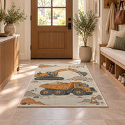 Minimalist Excavator Line Art Rug in an entryway with a wooden door and bench