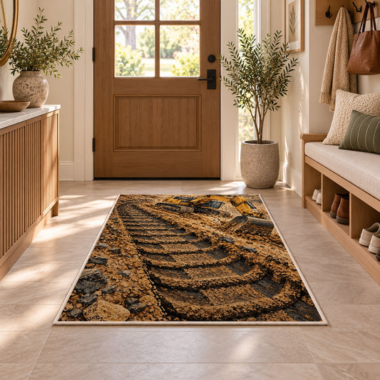 Excavator Tracks Rug in an entryway with a wooden door and bench