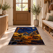 Construction Site at Night Rug in an entryway with a wooden door and bench