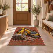 Excavator Brick Wall Rug in an entryway with a wooden door and bench