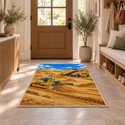 Bulldozer Dump Truck Rug in an entryway with a wooden door and bench