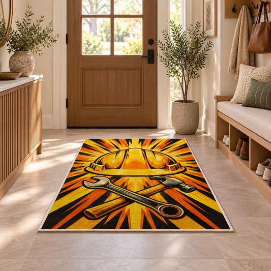 Hard Hat Sunburst Rug in an entryway with a wooden door and bench