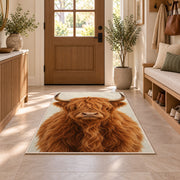Highland Cow Portrait Rug in an entryway with a wooden door and bench
