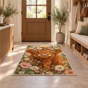 Highland Cow Flower Crown Rug in an entryway with a wooden door and bench