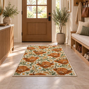 Highland Cow Pattern Rug in an entryway with a wooden door and bench