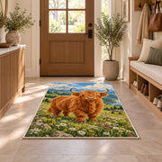Highland Cow Mountain Meadow Rug in an entryway with a wooden door and bench