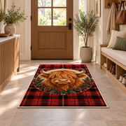 Highland Cow Tartan Plaid Rug in an entryway with a wooden door and bench