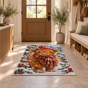 Highland Cow Winter Rug in an entryway with a wooden door and bench