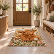 Baby Highland Cow Nursery Rug in an entryway with a wooden door and bench