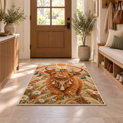 Boho Highland Cow Rug in an entryway with a wooden door and bench