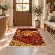 Highland Cow Barn Door Rug in an entryway with a wooden door and bench