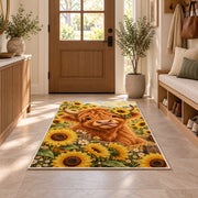 Highland Cow Sunflower Rug in an entryway with a wooden door and bench